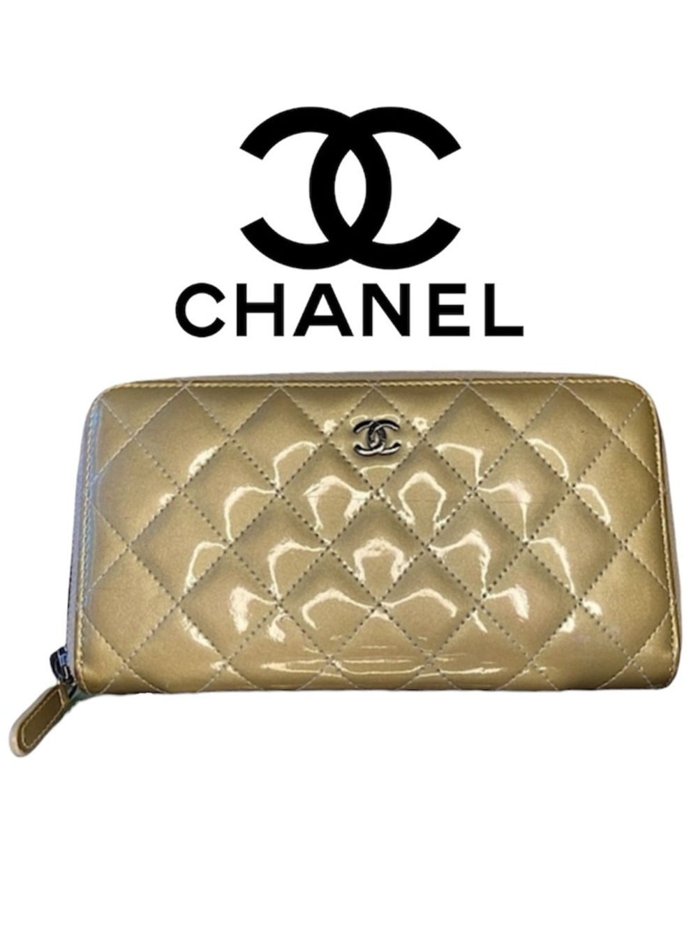 💛 Chanel Wallet Matelassé Gold Quilted Diamond Stitch Patent Leather Zip Around